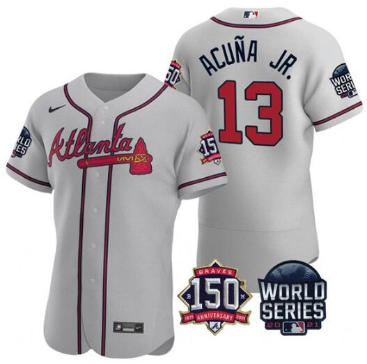 Men's Atlanta Braves #13 Ronald Acuna Jr. 2021 Gray World Series With 150th Anniversary Patch Stitched Baseball Jersey